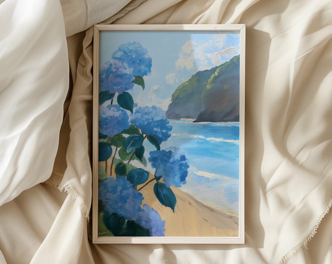 Blue Hydrangeas Coastal Ocean Painting Seaside Floral Poster