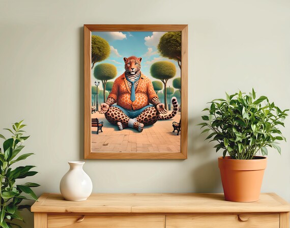 Leopard Meditating in Lotus Pose in City Park Funny Animal Poster
