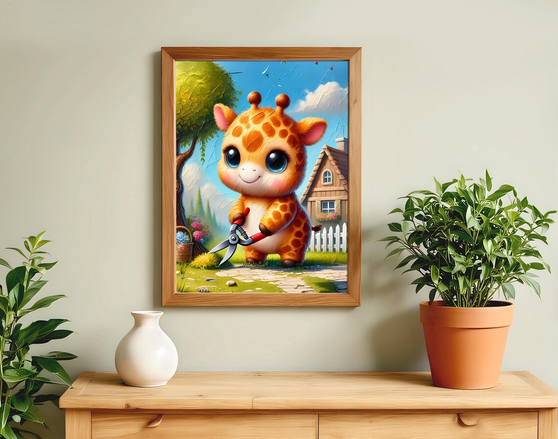 Baby Giraffe Trimming Hedge With Garden Shears Cute Art Poster