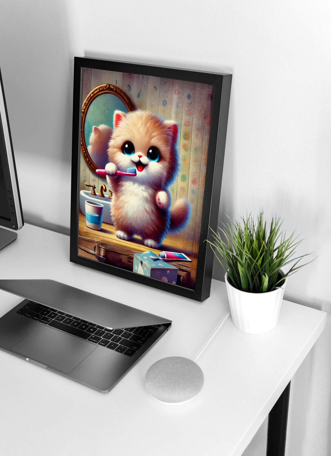 Kitten Brushing Teeth in Bathroom Mirror Cute Nursery Room Poster - Image 4