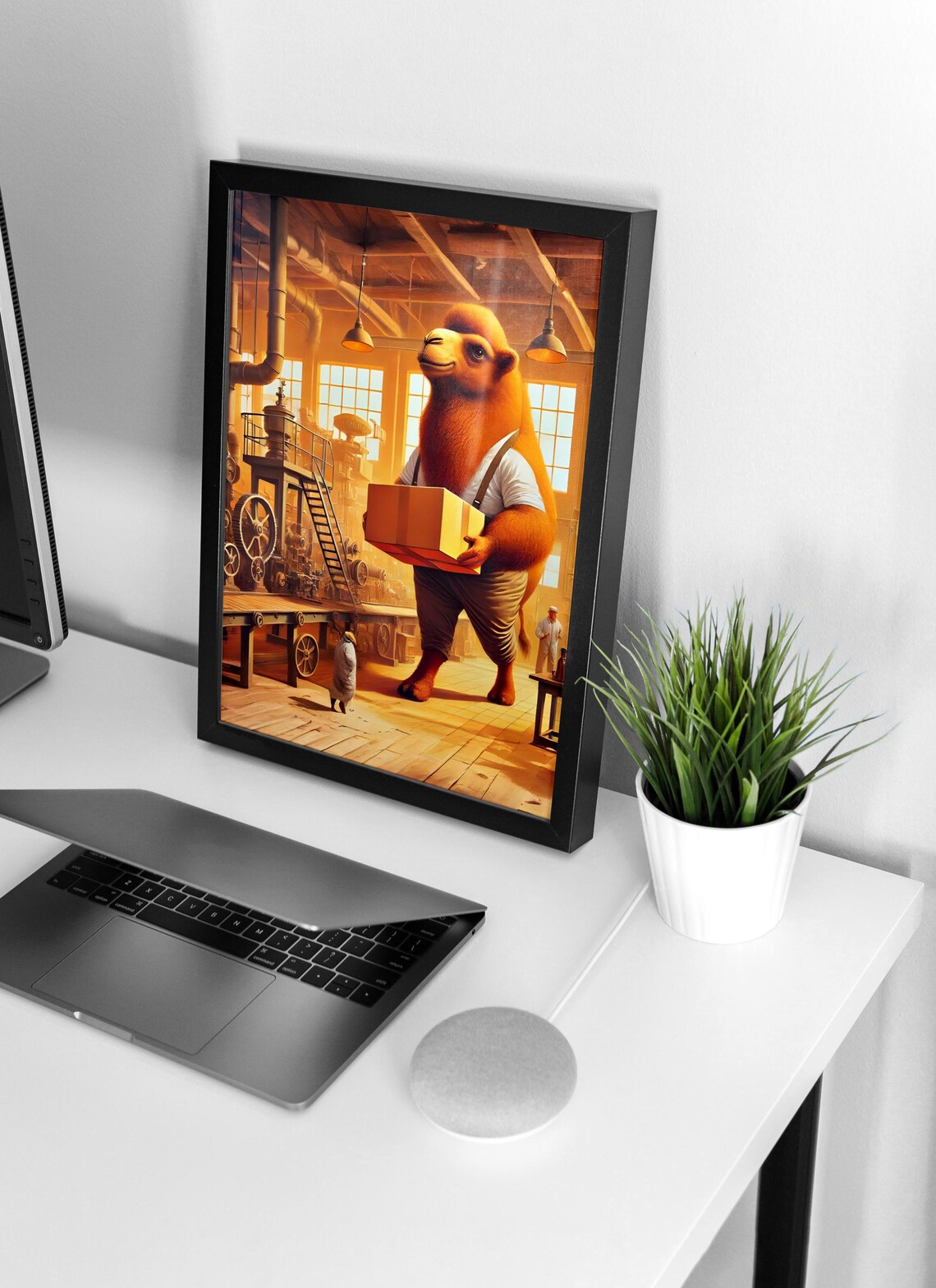 Friendly Camel Carrying a Cardboard Box in a Factory Humor Poster - Image 4