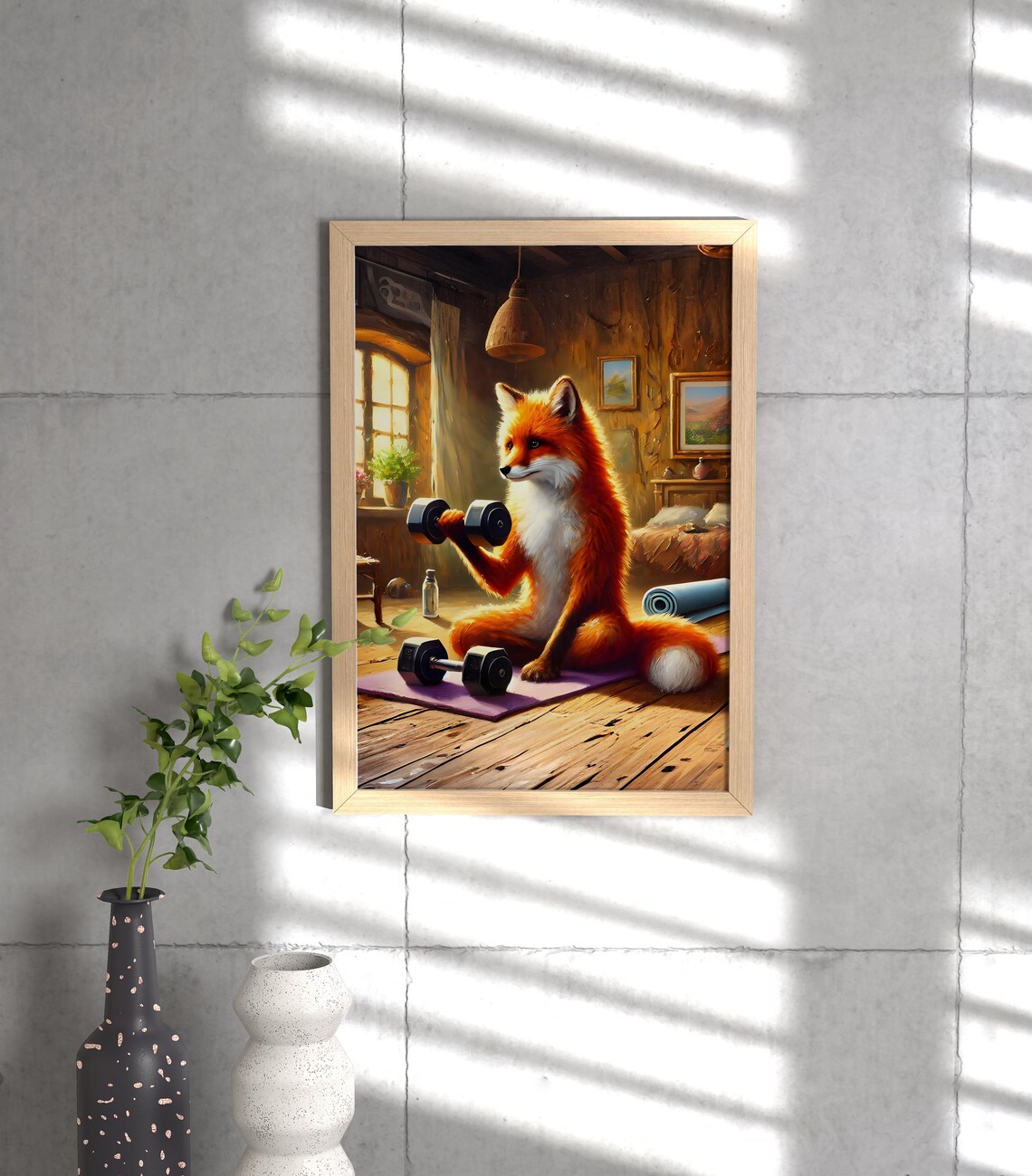 Fox Lifting Dumbbells Animal Life Poster - Image 3