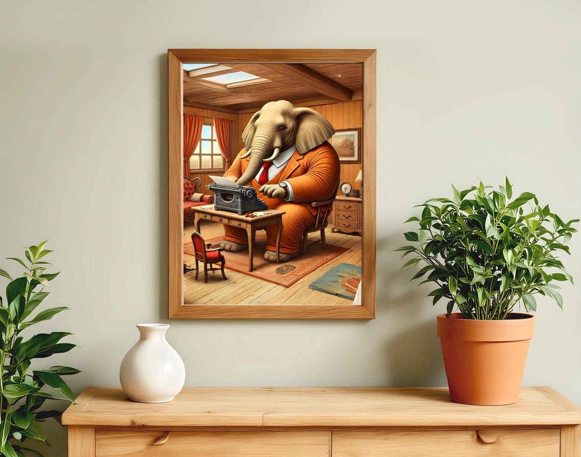 Elephant Typewriter Art Print, Animal Life Poster