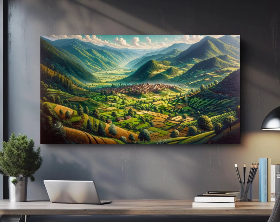 Lush Terraced Green Valley With Mountain Village Panorama Poster