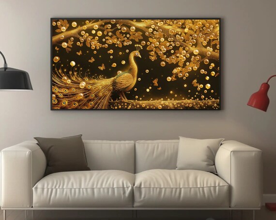 Golden Peacock Luxury Wall Art Extra Large Gold Decor Print Elegant Home Decor For Living Room Bedroom Ready To Hang