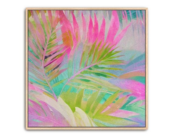 Hand Painted Abstract Acrylic Painting Large Artwork Wall Art Tropical Palm Leaves Island Rainbow Colorful Pink Green Framed Decor