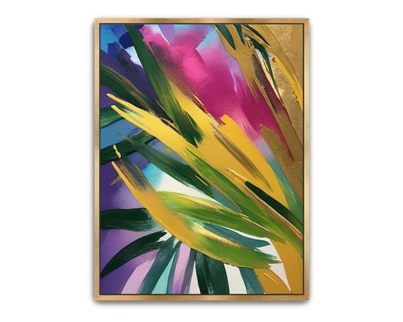 Hand Painted Abstract Art Acrylic Painting Large Wall Artwork Colorful Green Pink Purple Gold Yellow Blue Tropical Framed Decor
