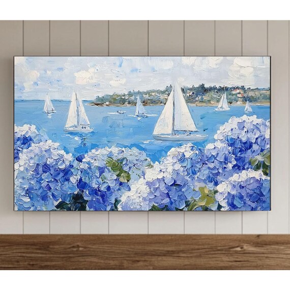Sailboats On A Blue Sea Behind Hydrangeas Impasto Oil Poster