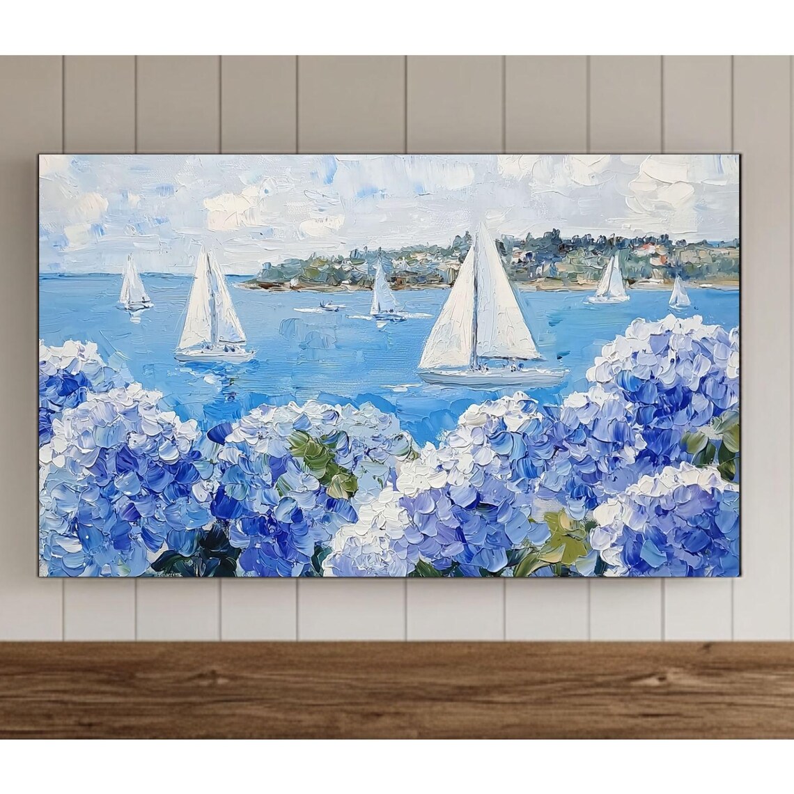 Sailboats On A Blue Sea Behind Hydrangeas Impasto Oil Poster