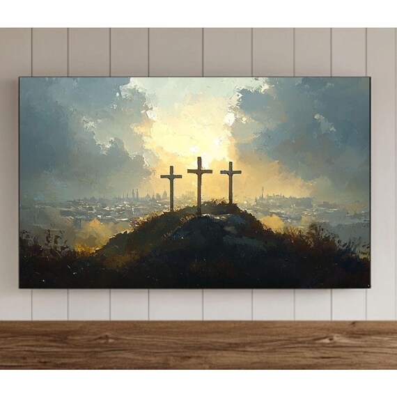 Three Crosses on a Hill at Sunset Golden Christian Art Poster