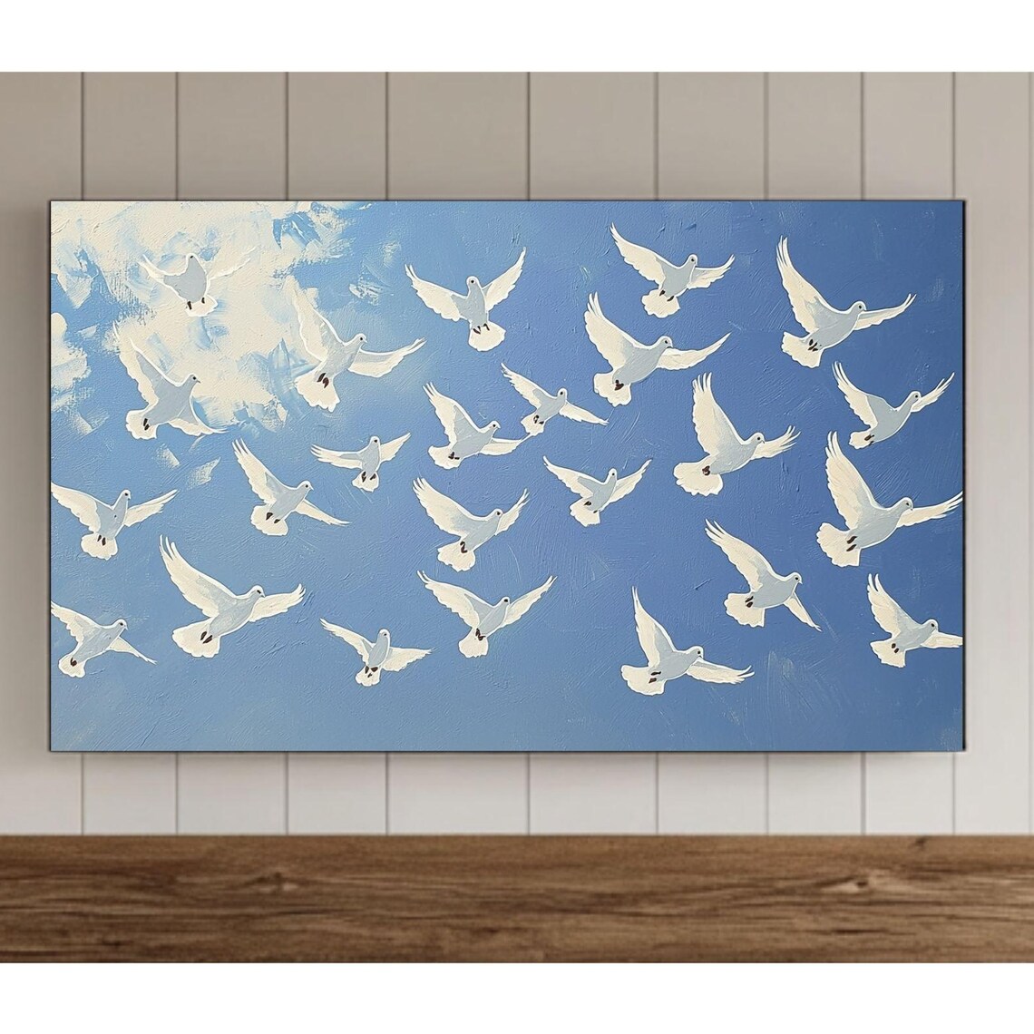 Flock of White Doves Flying Across a Bright Blue Sky Painting Poster
