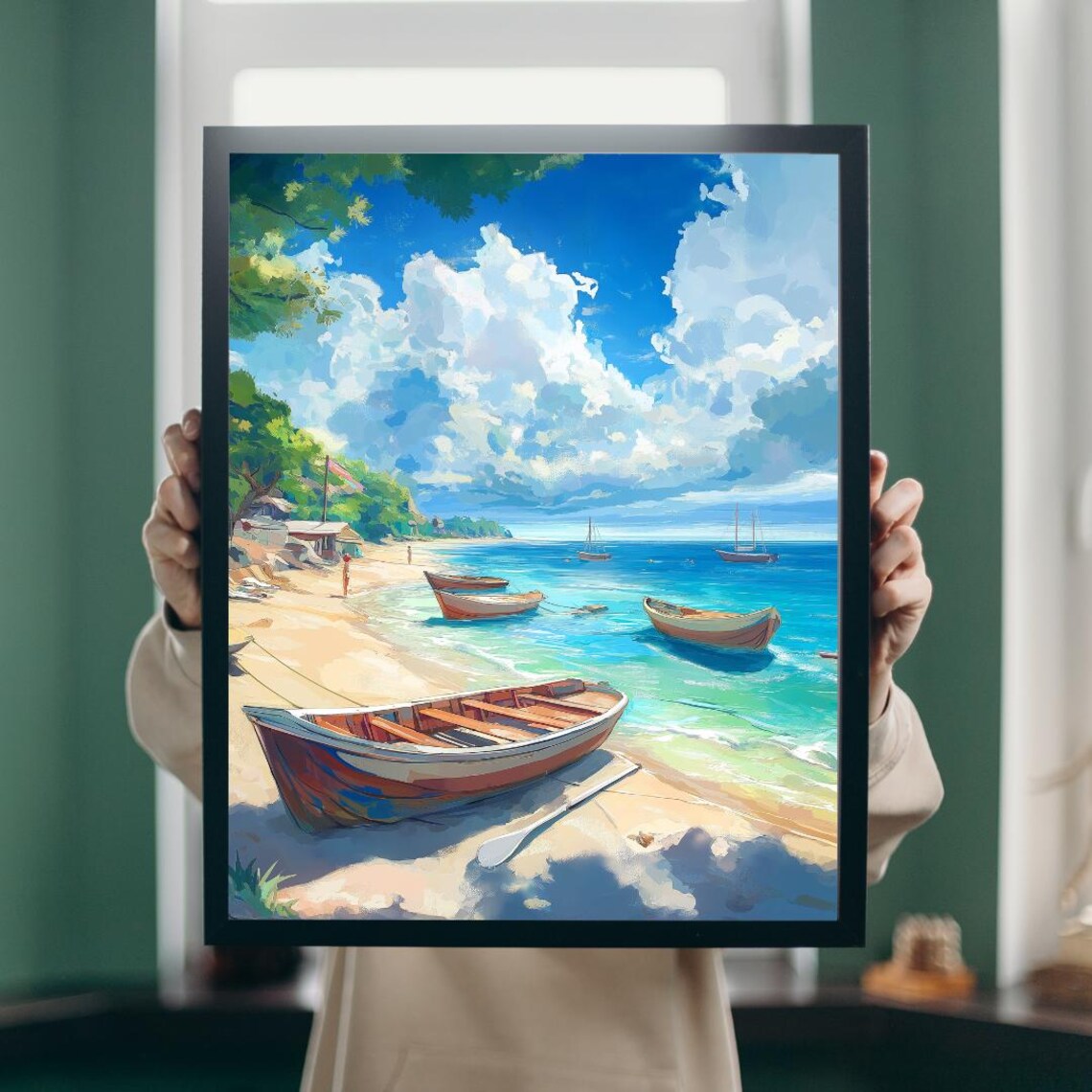 Painted Wooden Boats On Shoreline With Sailboats And Clouds Poster - Image 5