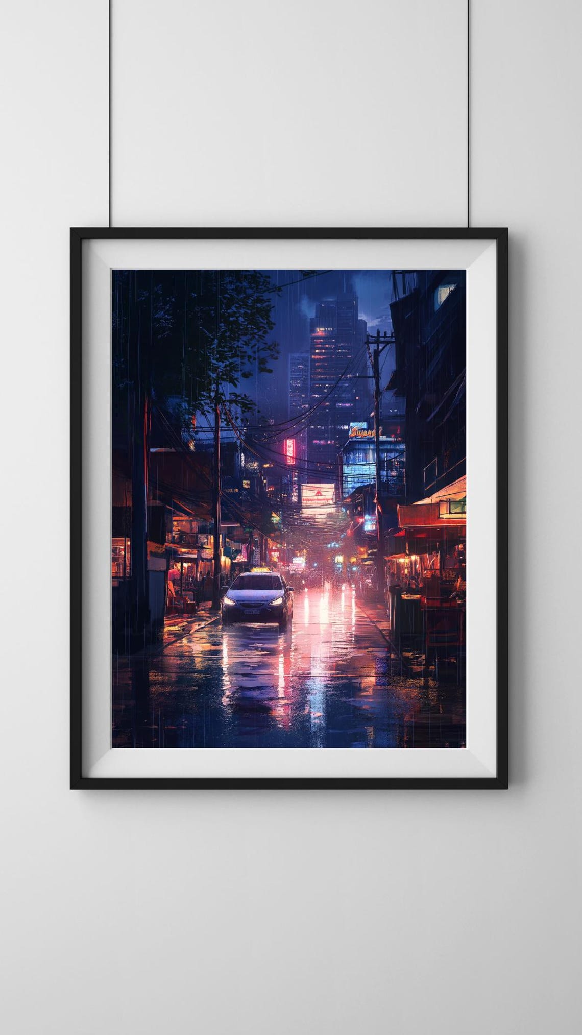 Rainy Neon City Night Street With Taxi And Wet Reflections Poster