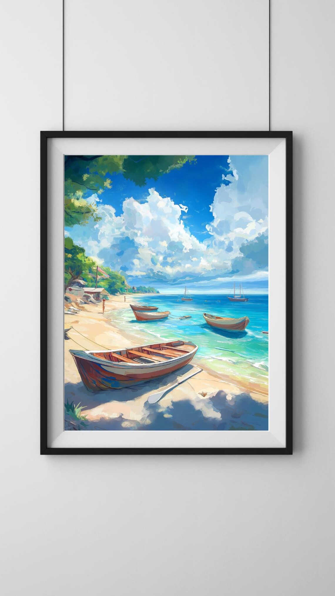 Painted Wooden Boats On Shoreline With Sailboats And Clouds Poster
