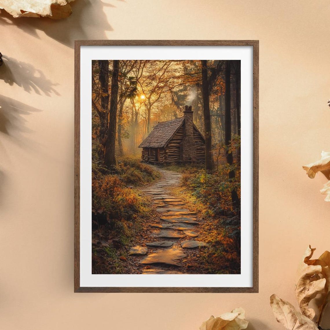 Log Cabin In Golden Autumn Forest At Sunset Along Stone Path Poster