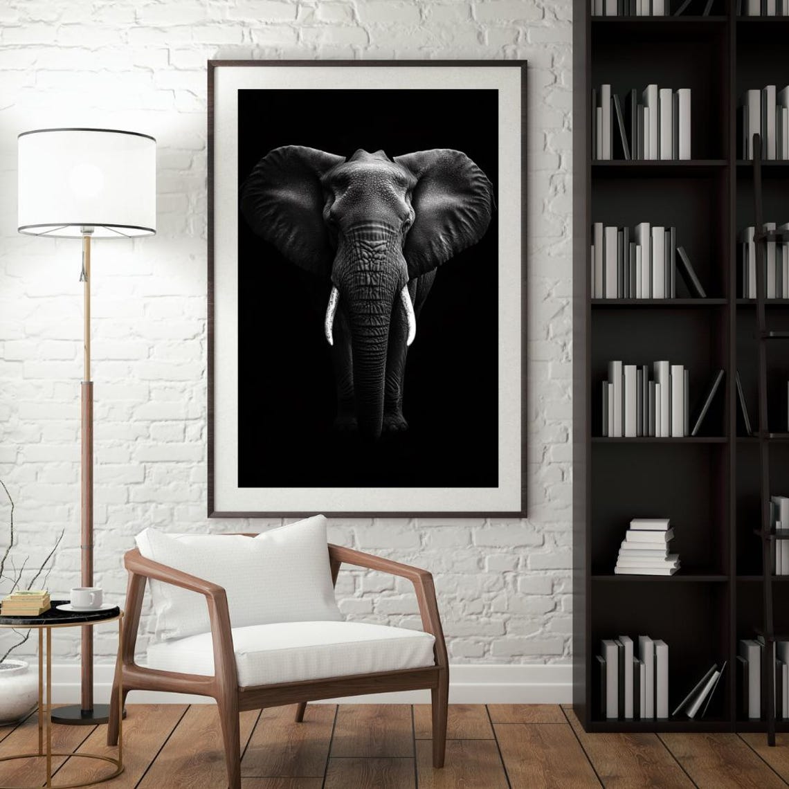 Black and White Elephant Portrait Dramatic Dark Background Poster - Image 4