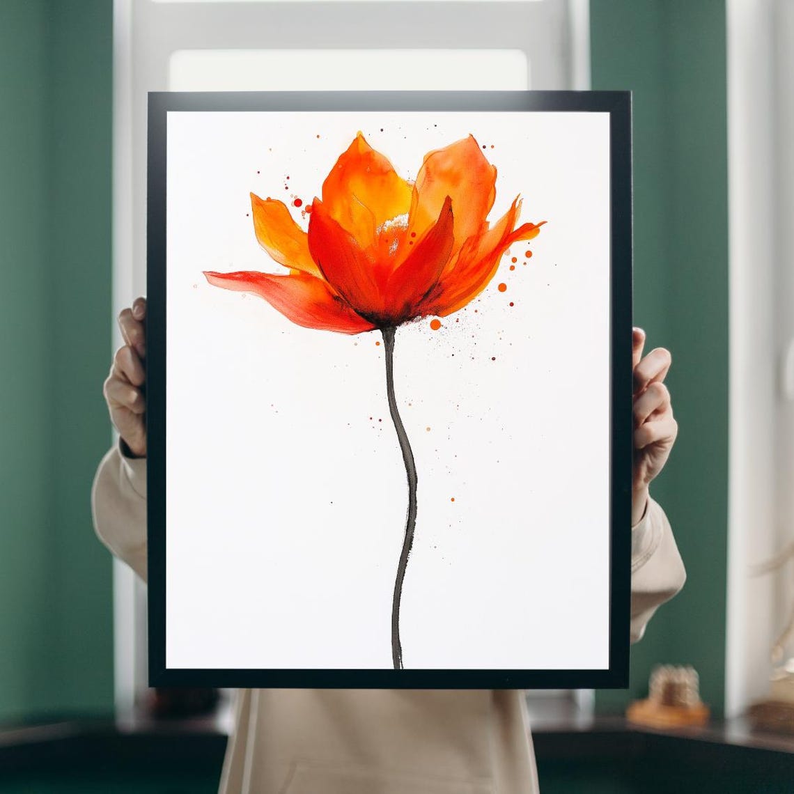 Single Orange Poppy Bloom Watercolor Splash Minimalist Poster - Image 5