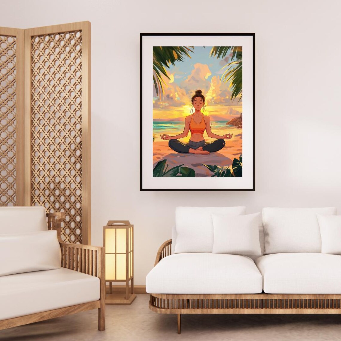 Woman Meditating On Beach At Sunrise Anime Style Yoga Art Poster - Image 3