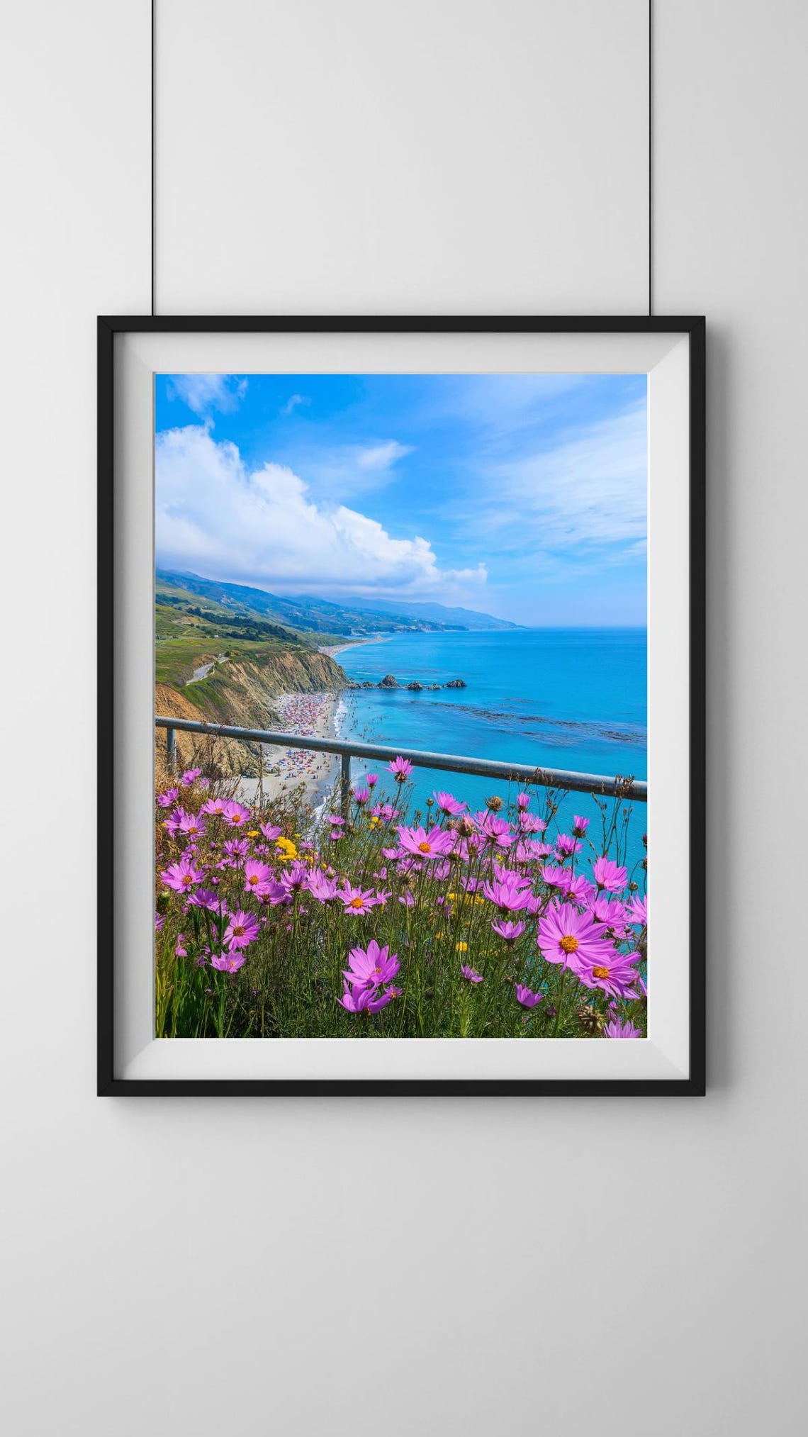 Pink Wildflowers On Cliff Top Overlooking Beach And Blue Sea Poster