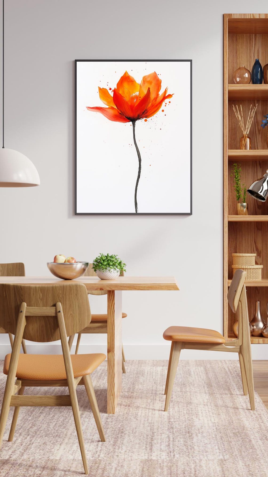 Single Orange Poppy Bloom Watercolor Splash Minimalist Poster - Image 2
