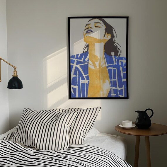 Blue Orange White Abstract Woman Large Wall Art Contemporary Artwork Minimalist Print Living Room Wall Art