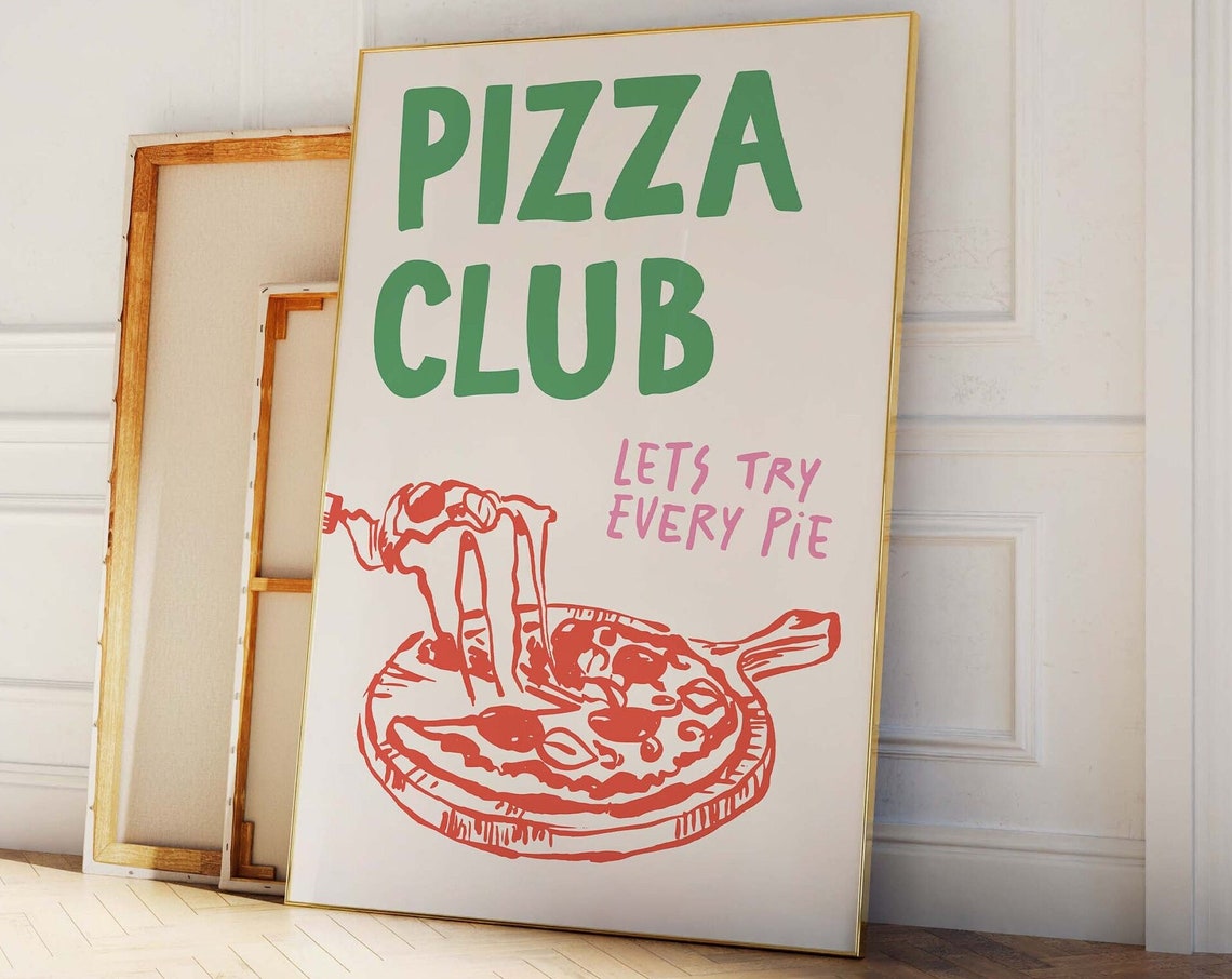 Pizza Club Print Art Red Kitchen Decor Retro Pizza Poster Cute Food Kitchen Art - Image 3