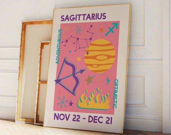 Sagittarius Zodiac Print Art Trendy Astrology Poster Blue Retro Wall Art Star Sign Art Print Cute Trendy Wall Art