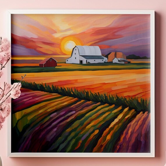 Sunset Farm Fields Art Print Rural Landscape Canvas Or Poster 21