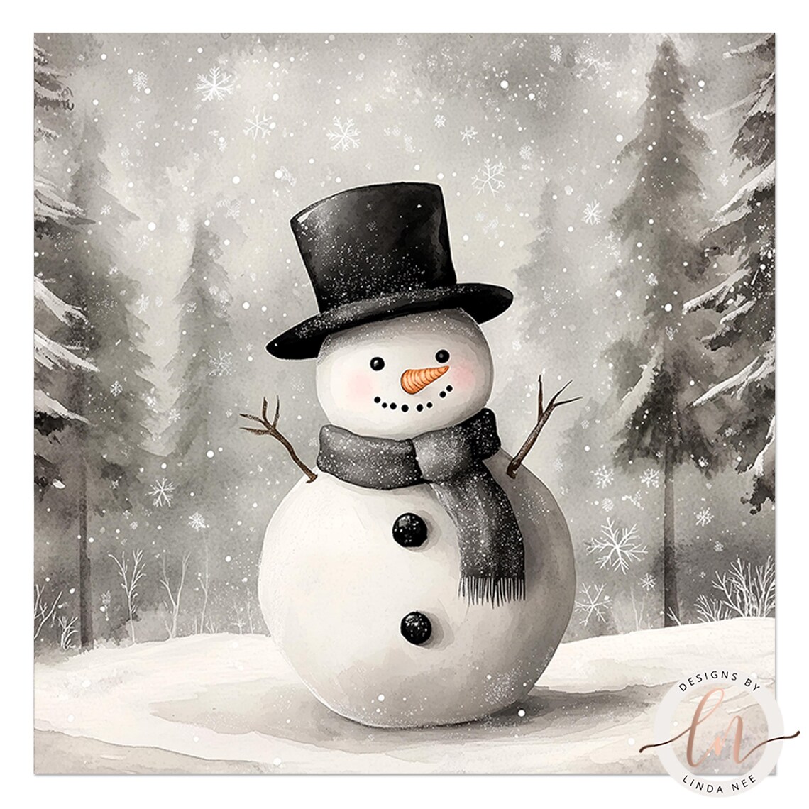 Cheerful Snowman Illustration, Minimalist Christmas Art Print - Image 2