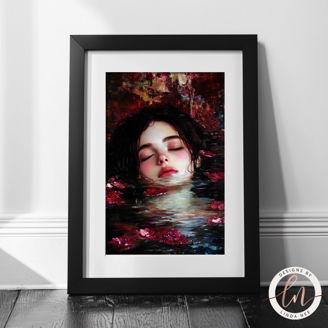 Woman Face Water Red Flowers Dark Gothic Victorian Moody Wall Poster - Image 3