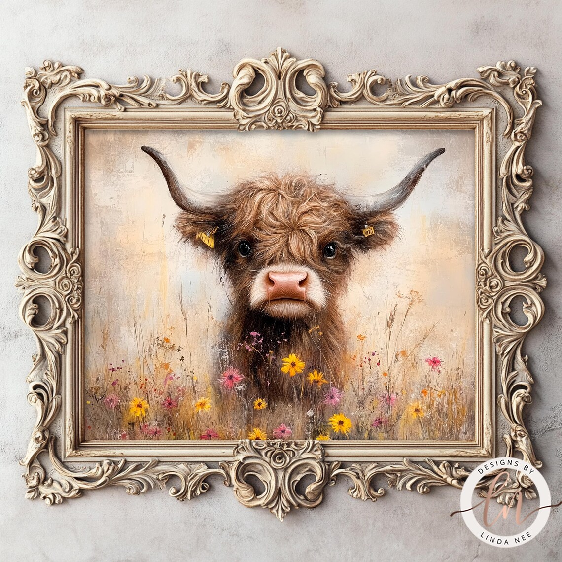 Baby Cow in Wildflowers, Vintage Farmhouse Art Print - Image 4