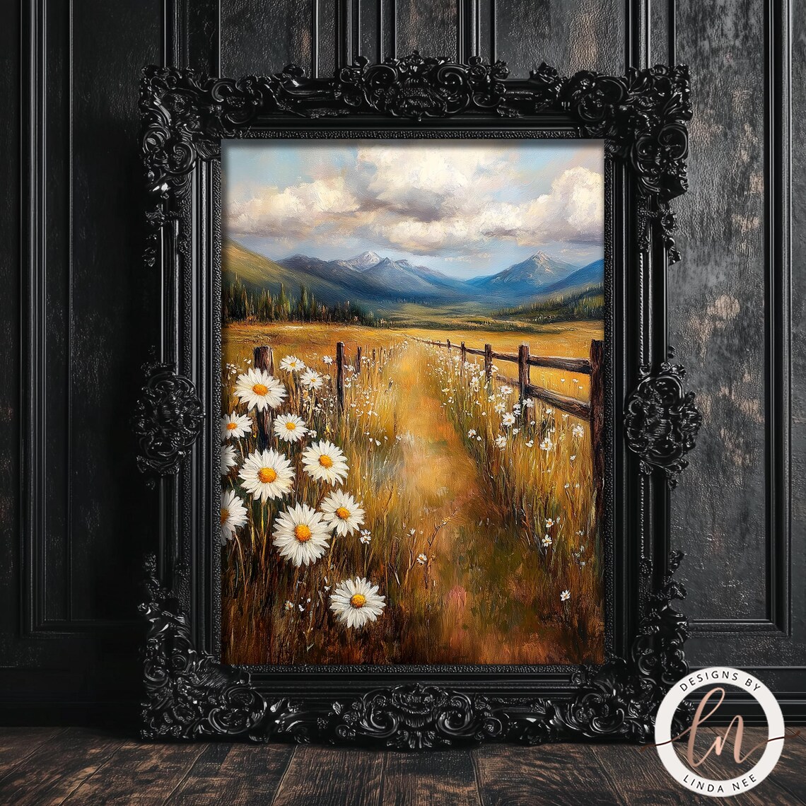 Rustic Meadow Landscape, Wild Daisies Art Print