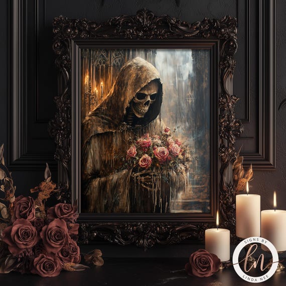Skeleton With Roses, Dark Academia Gothic Art Print