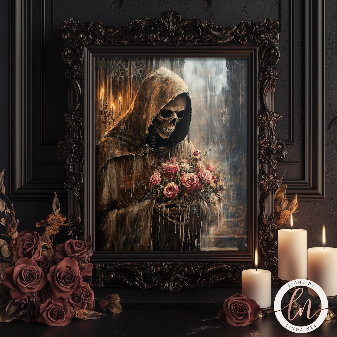Skeleton With Roses, Dark Academia Gothic Art Print
