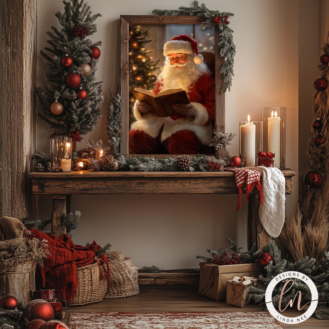 Santa Reading Book, Vintage Christmas Poster Print - Image 3