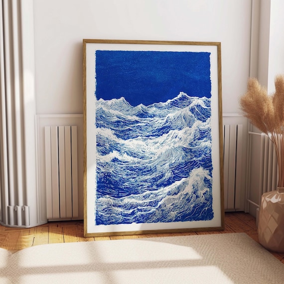 Stormy Blue Ocean Waves Linocut Style Poster With White Foam Detail