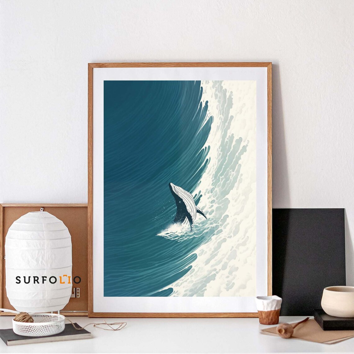Humpback Whale Breaching Big Wave Teal Ocean Illustration Poster