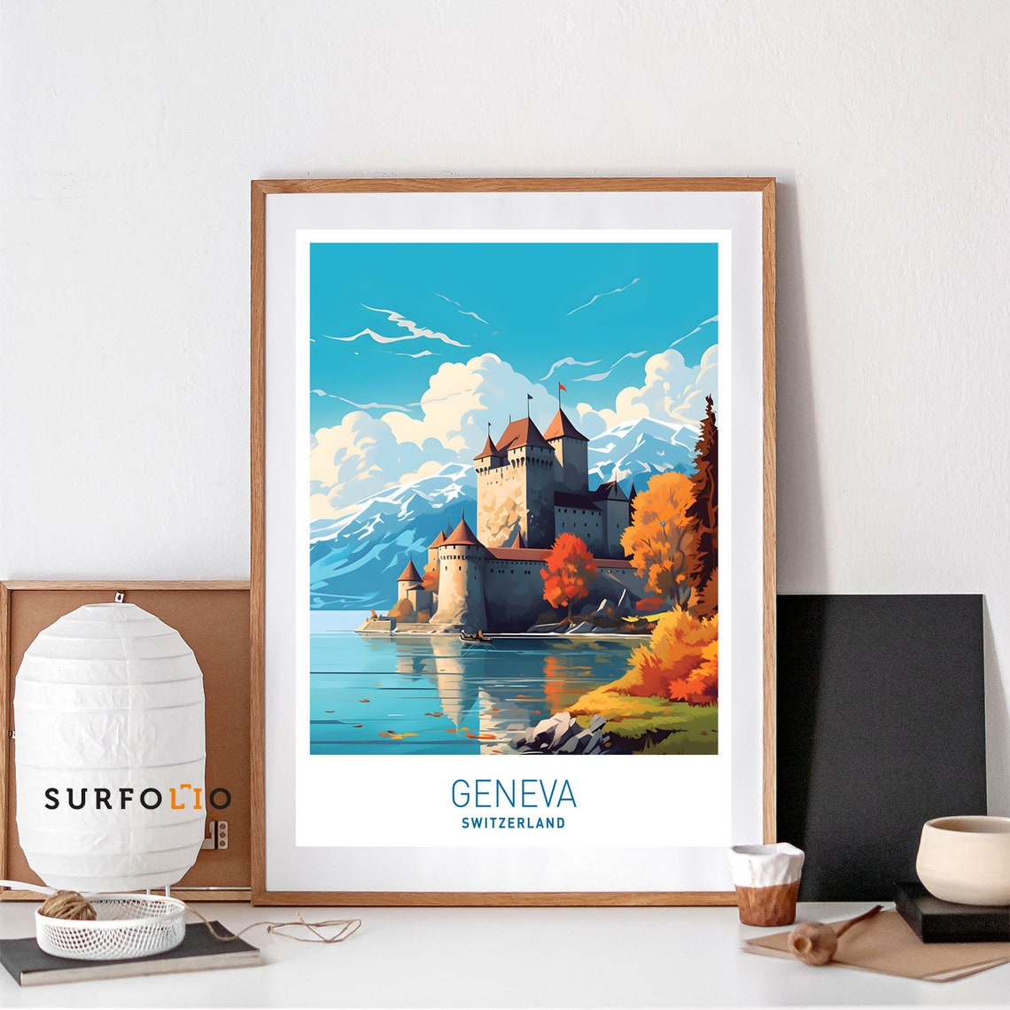 Geneva Switzerland Lakeside Castle Alpine Scenery Travel Print