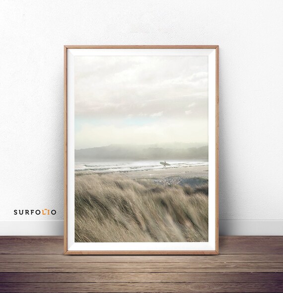 Lone Surfer on Misty Beach Photographic Print With Dune Grass Foreground