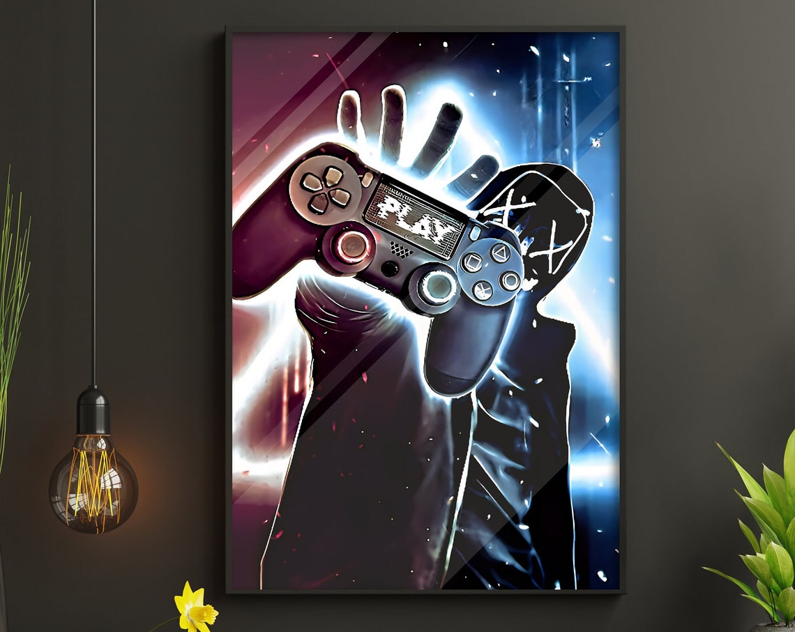 Gamer Hand Holding Controller PLAY Neon Blue Gaming Poster Art