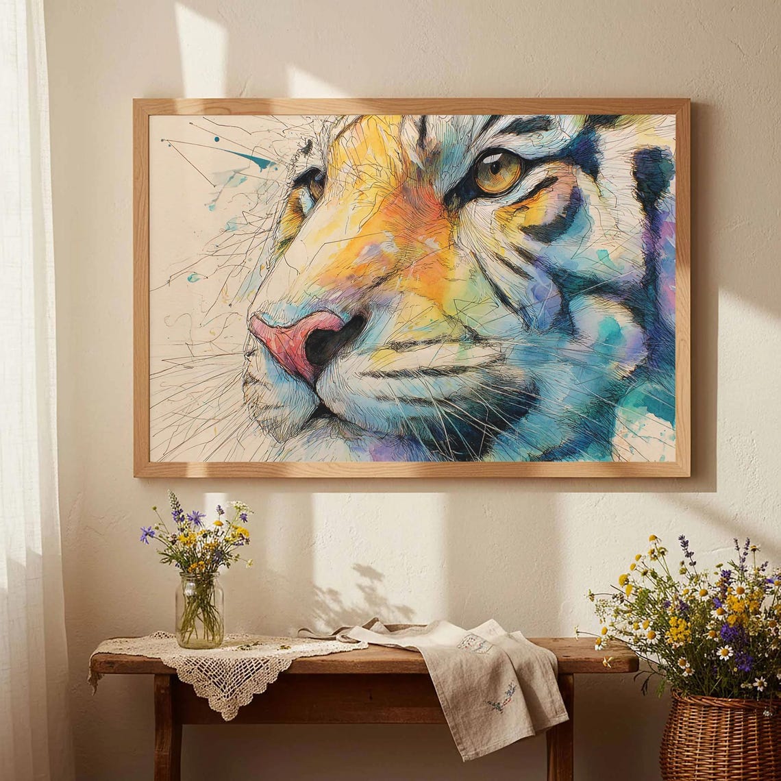 Colorful Tiger Face Splash Watercolor Abstract Animal Art Poster