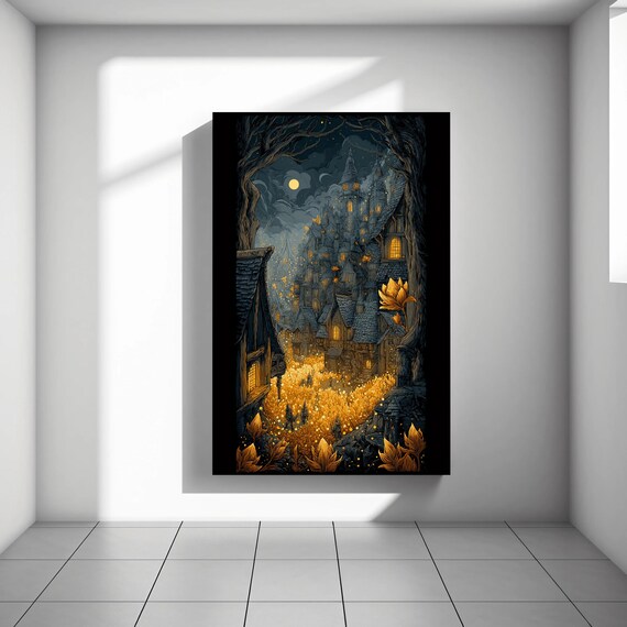 Enchanted Night Village Golden Lights Gothic Fantasy Art Poster