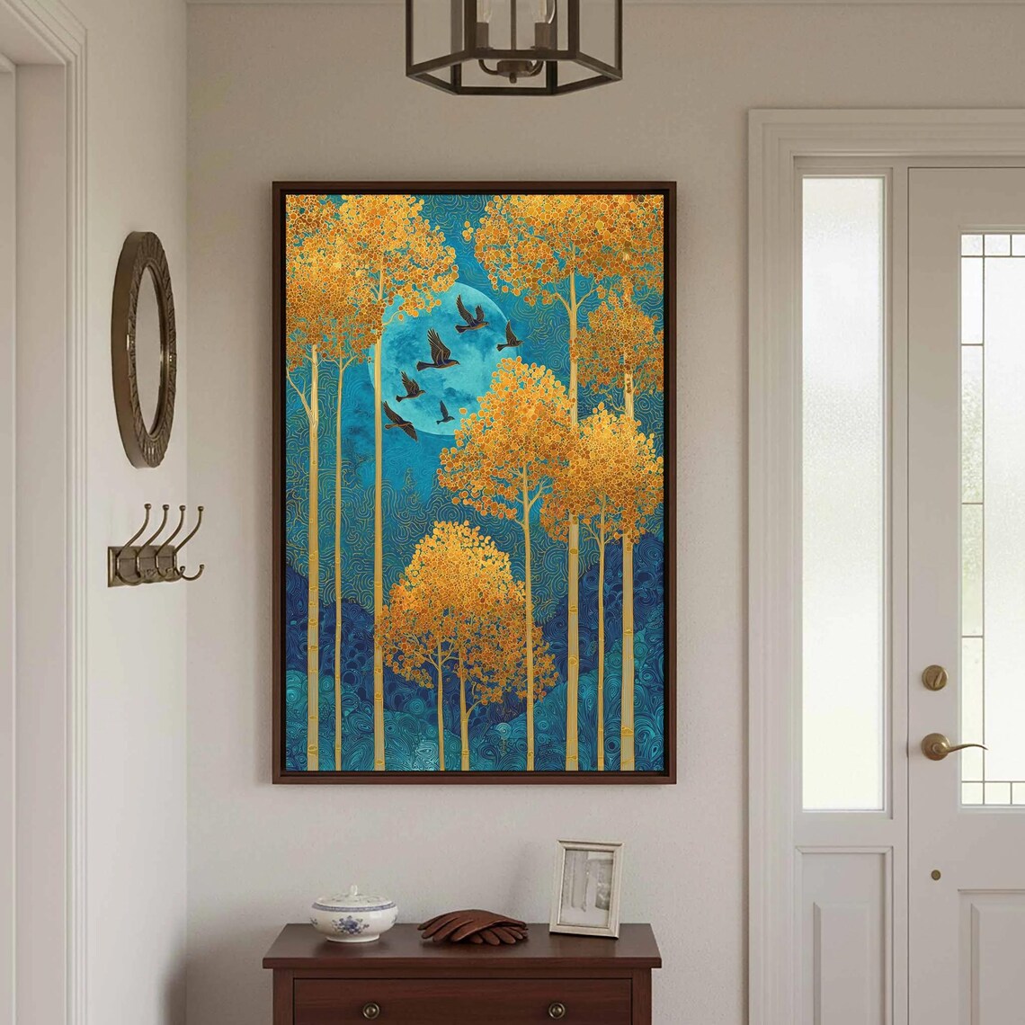 Golden Aspen Trees Teal Moon Birds Art Nouveau Forest Art Poster