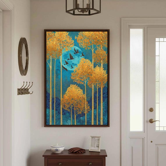 Art Nouveau Autumn Forest Canvas Golden Aspen Trees Wall
