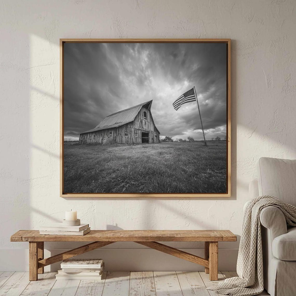 Black and White Barn American Flag Dramatic Sky Photo Poster