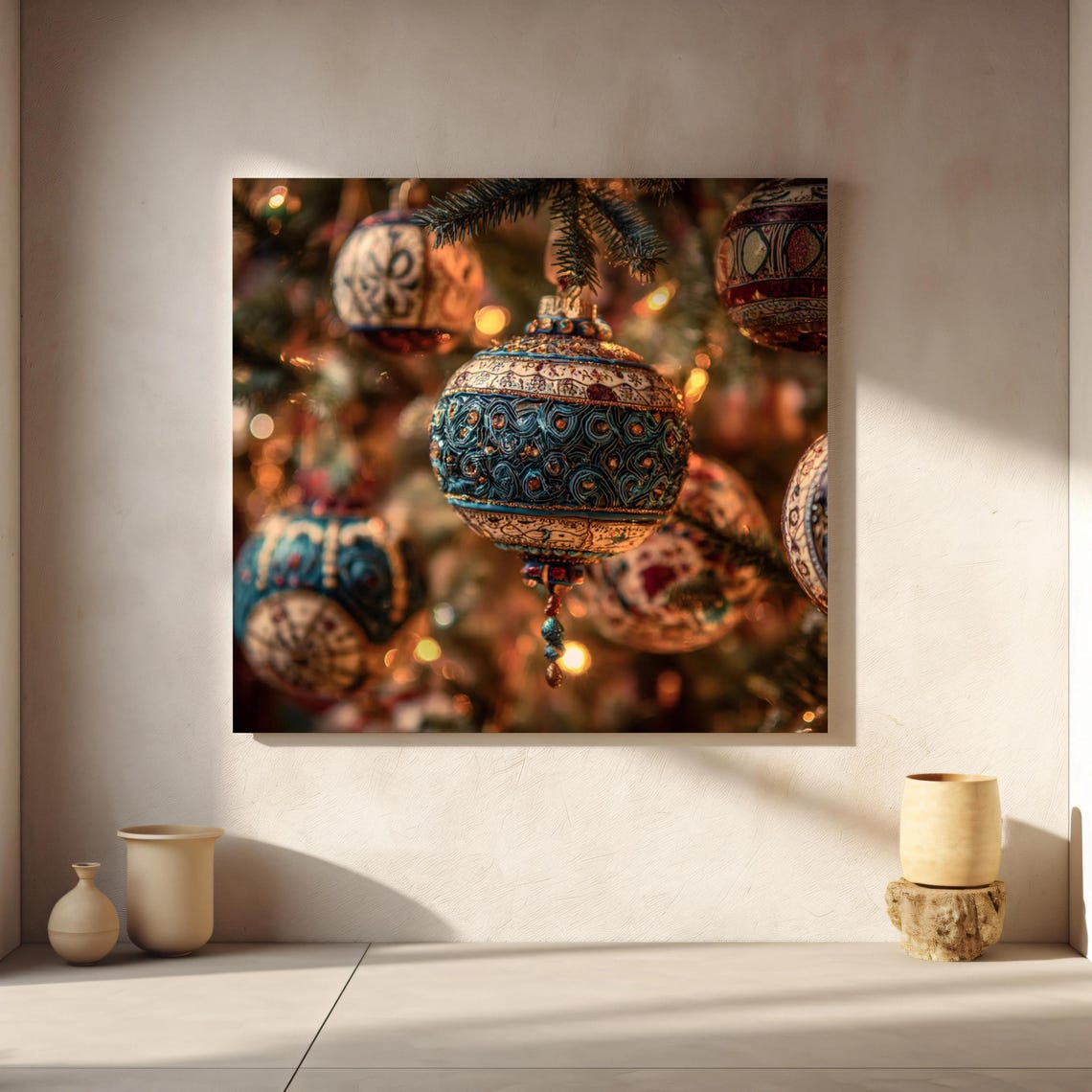 Ornate Christmas Ornament Poster With Teal Baubles On Tree Lights