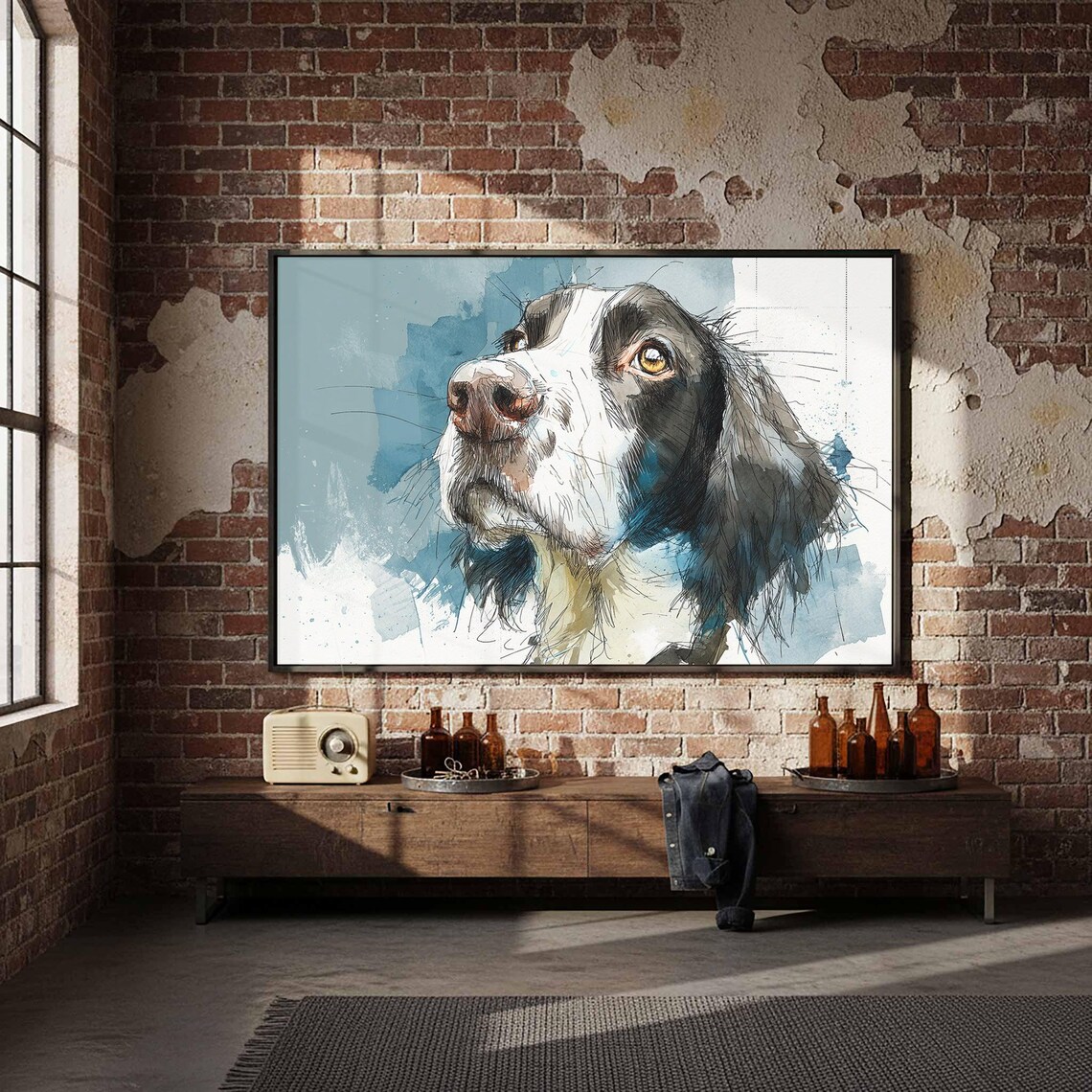 English Springer Spaniel Watercolor Dog Portrait Blue Art Poster