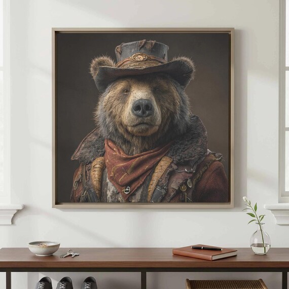 Western Bear Canvas Wall Art Rustic Cowboy Animal Print