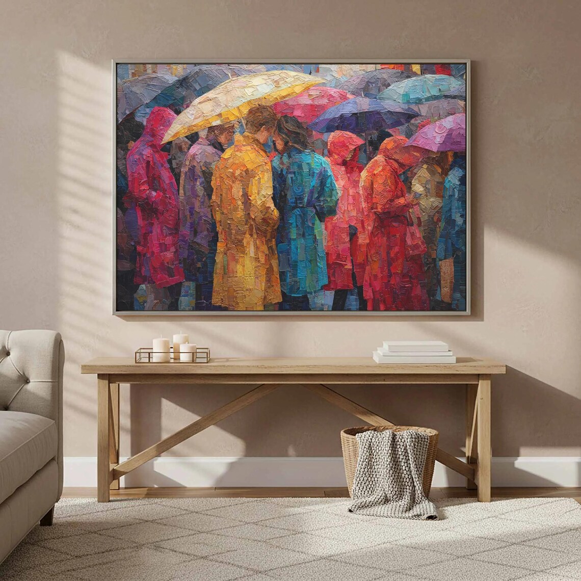 Vibrant Umbrellas Rainy Day Impasto Oil Painting Decor Poster