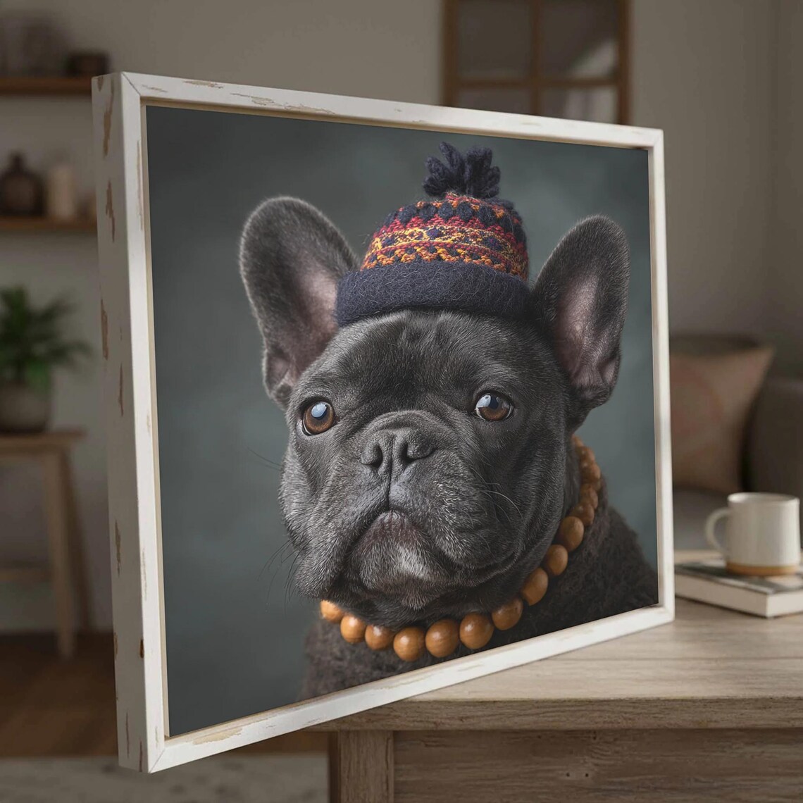 French Bulldog Wearing Knit Beanie Funny Pet Portrait Photo Poster